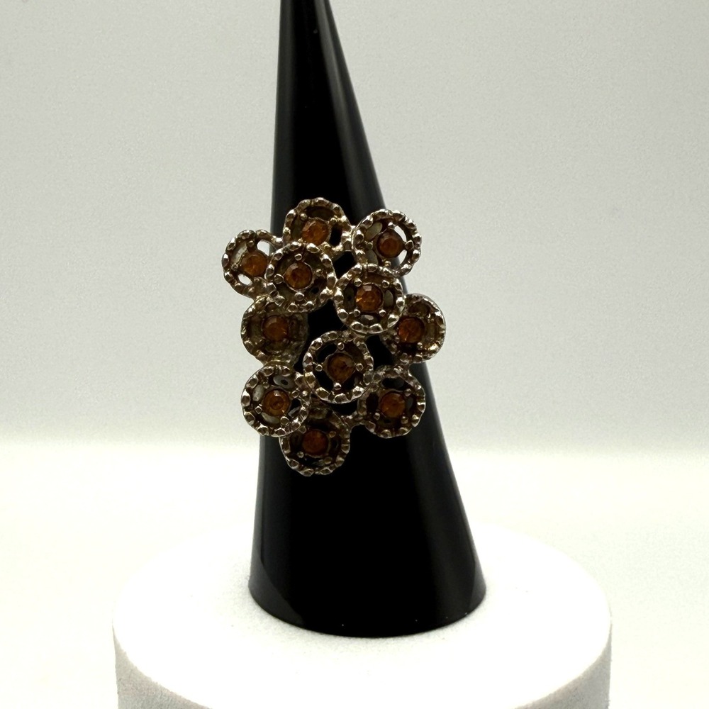 Vintage Brutalist Silver Tone Amber Rhinestone Cluster Adjustable Statement Ring - Picture 1 of 6